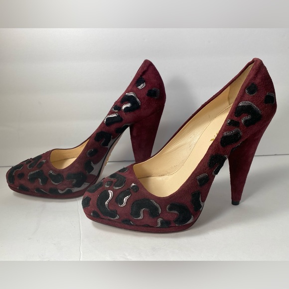 Prada suede pumps heels leopard burgundy black 35.5 - Picture 5 of 9